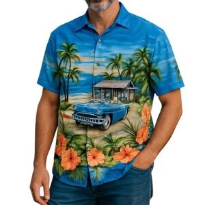 Big Dogs Shirt Mens 2X Blue Hawaiian Car Beach Palm Tree Camp Hot Rod Vintage